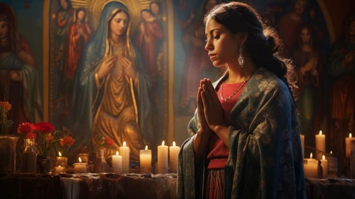 mujer rezando a maria