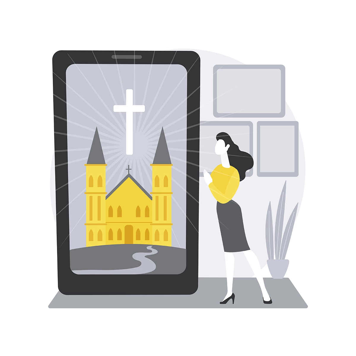 Illustration of a woman using a Bible study app, with a glowing church and cross displayed on a giant smartphone symbolizing digital access to faith resources