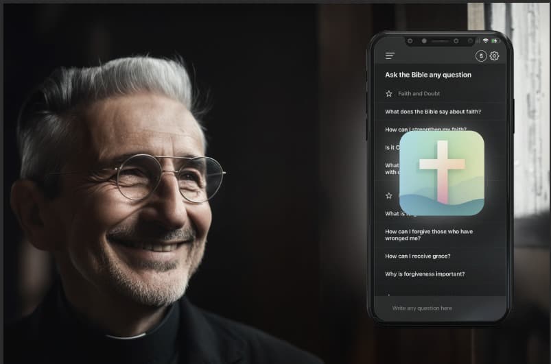 A smiling pastor stands beside a phone displaying the Bible Chat app, showing faith-based questions and a cross icon—symbolizing AI’s role in spiritual guidance.