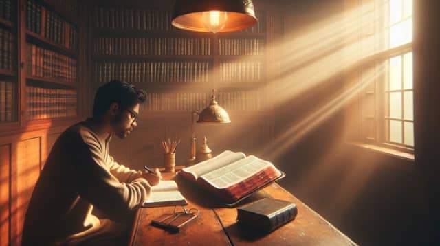 A man studying the Bible in a warmly lit library, with sunlight streaming through the window, symbolizing the pursuit of knowledge.