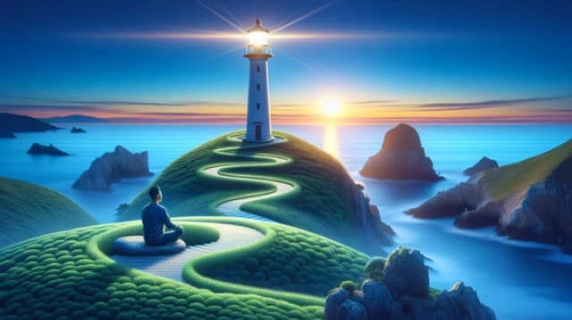 A winding path leading to a lighthouse at sunset, with a person meditating, symbolizing the journey of life and afterlife.