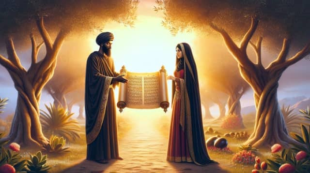 A man and a woman dressed in traditional garments exchanging a scroll under golden light, symbolizing the sharing of wisdom and spiritual knowledge.