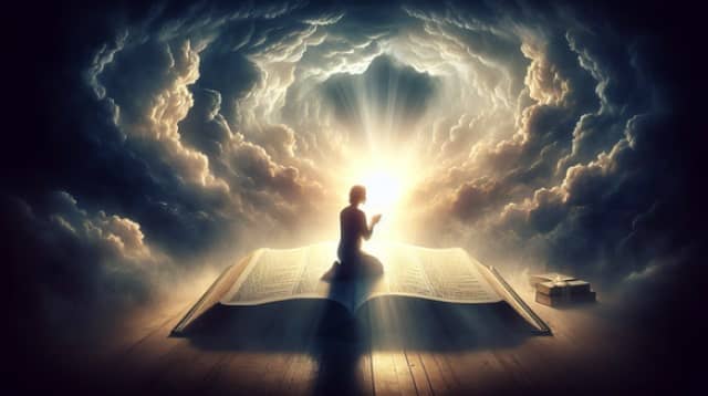 A person kneeling in prayer on an enormous open Bible, with light breaking through clouds above, representing divine inspiration and connection with God.