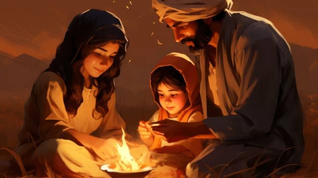 A small family gathered around a fire, with a warm glow lighting their faces, symbolizing familial love and faith.