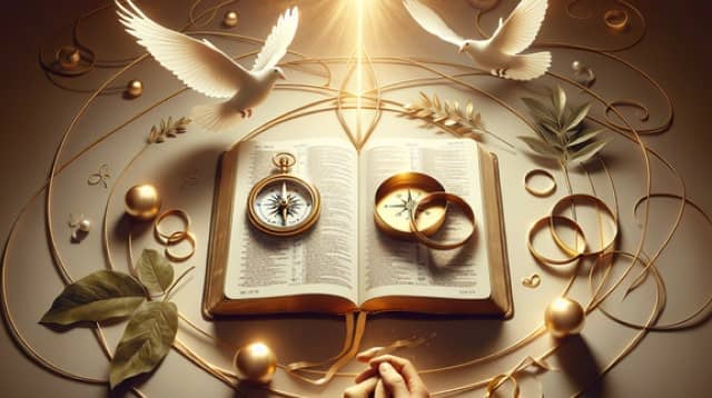 An open Bible surrounded by a compass, wedding rings, doves, and leaves, symbolizing love and spiritual connection in relationships.