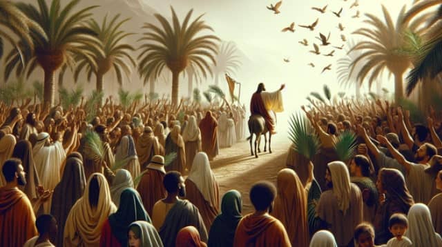 A large crowd welcoming a figure riding a donkey, with palm branches raised high, representing the biblical scene of Palm Sunday.