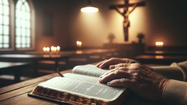 Una mano anciana descansa sobre una Biblia abierta en una iglesia poco iluminada, con un crucifijo al fondo, símbolo de la reflexión sobre las distintas creencias.