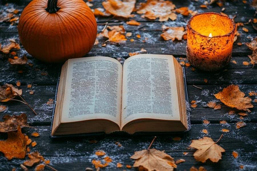 Una Biblia abierta sobre una mesa rústica rodeada de hojas otoñales, una vela encendida y una calabaza, simbolizando la reflexión sobre el significado espiritual de Halloween y las tradiciones otoñales.