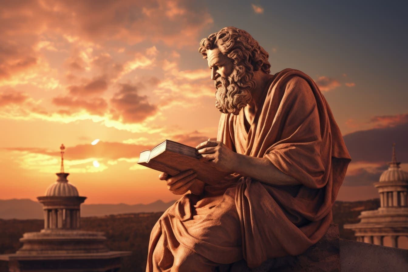 A statue of an ancient philosopher, resembling a figure like King Solomon, seated with a book in hand, gazing contemplatively into the distance.