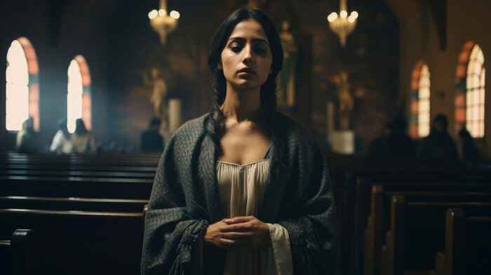 Woman of the Bible standing in a quiet church, deep in prayer, symbolizing faith and devotion.