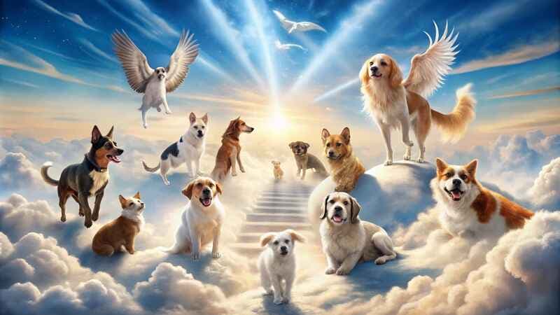 Dogs with angel wings in a heavenly scene with clouds