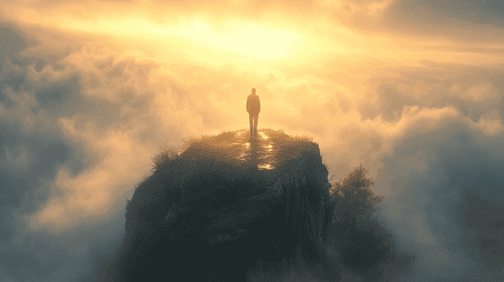 A person standing alone on a cliff symbolizes the spiritual journey and the seeking of divine fulfillment in the context of finding the Kingdom of God.