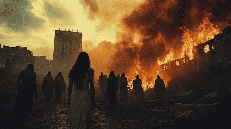 Shadowed figures walk toward a fiery blaze engulfing ancient stone walls, evoking themes of biblical destruction and judgment like sodomy in the bible