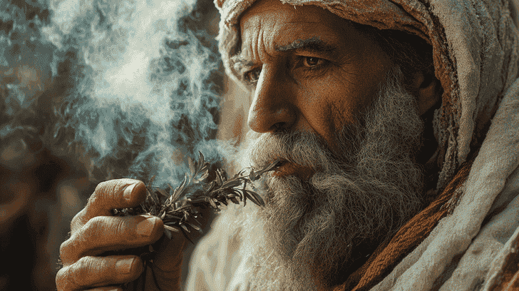  an older man with a long beard holding a small branch of weed close to his face as if smelling or examining it