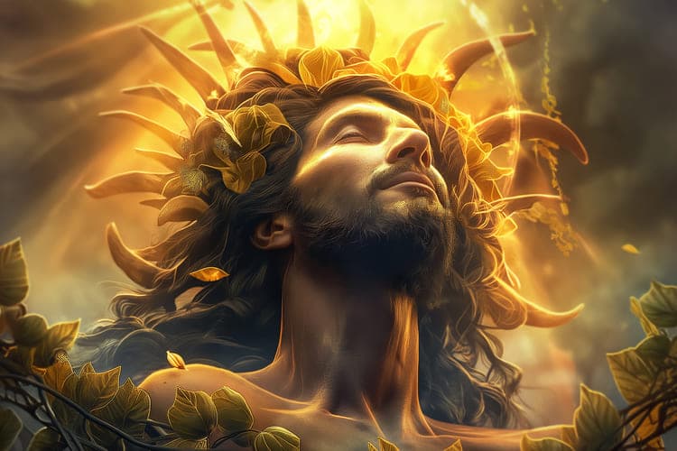 An image of a glowing figure with sunlight behind them and leaves in their hair, representing God.