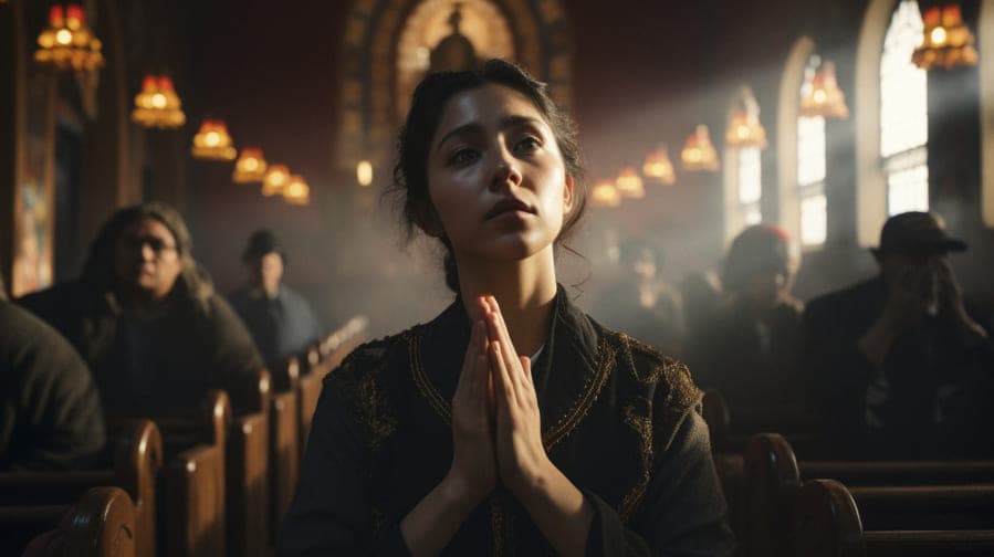 A young woman sitting in a church pew with her hands clasped together in prayer.