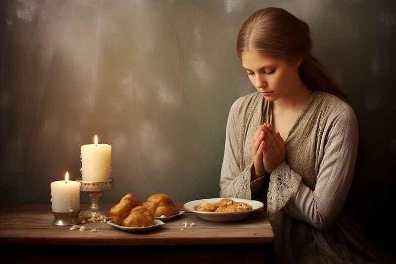 El ayuno en la Biblia: Una mujer rezando ante una mesa con comida sencilla