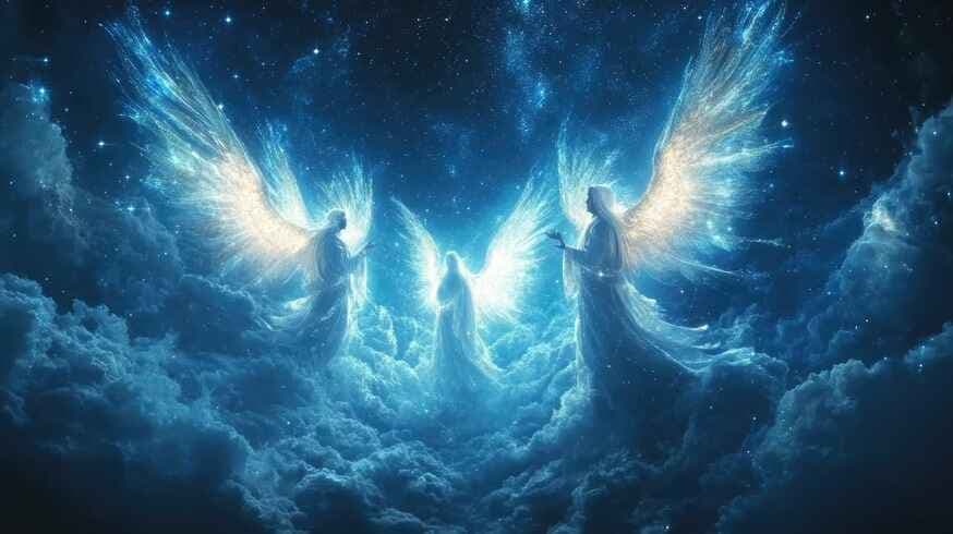 angels with huge wings with clouds and blue background